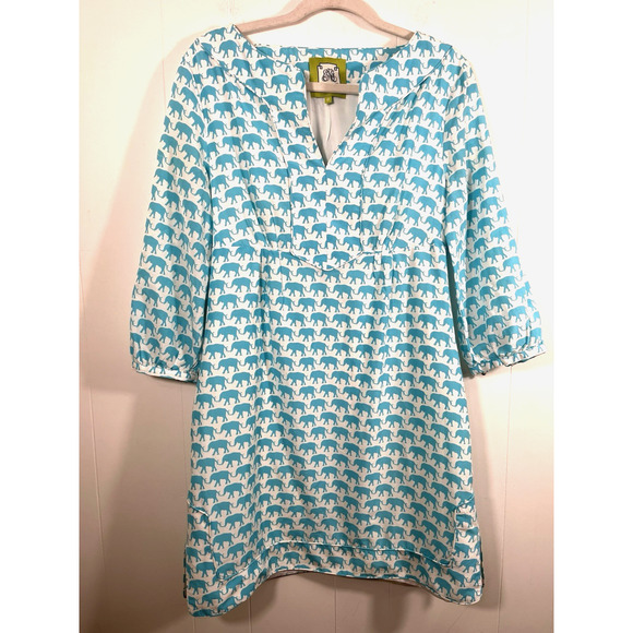 Elizabeth McKay Silk Blend Elephant Dress Aqua Tunic Sheath Size 8 Resort Preppy - Picture 1 of 13